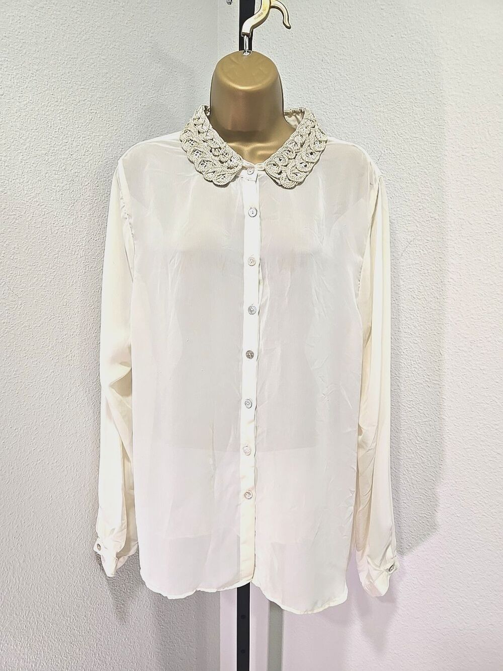 Vintage Crochet Lace Collar Sheer Cream Button Top Women's XL Office Career Chic